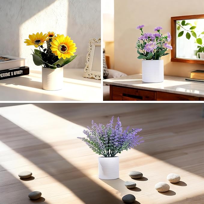 FGSAEOR Mini Potted Fake Plants, Small Artificial Greenery Plants Topiaries, Low Maintenance, Shelf Desk Room Table Office Home Decor (3-Pack) (White Pot - Purple Yellow)