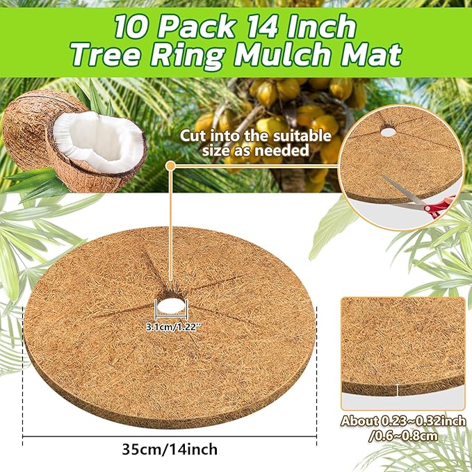 Legigo 10pcs Coconut Fiber Mulch Ring Tree Plant Protector Mat, 14 Inch Natural Coco Coir Tree Mulch Ring Plant Pot Soil Cover, Tree Rings Disc Plant Cover for Indoor Outdoor Plants, Landscaping