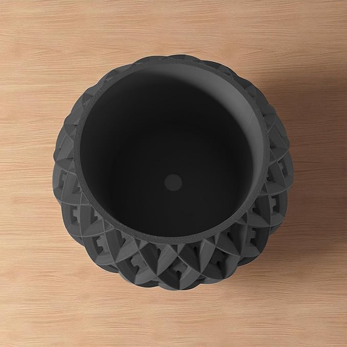 DarkStone Modern Geometric Planter – Bold Black Round Pot with Cross-Lattice Texture – Compact Indoor Plant Container with Drainage Hole (Black, Outer Dimensions: Compact 6" Width x 4" Height)