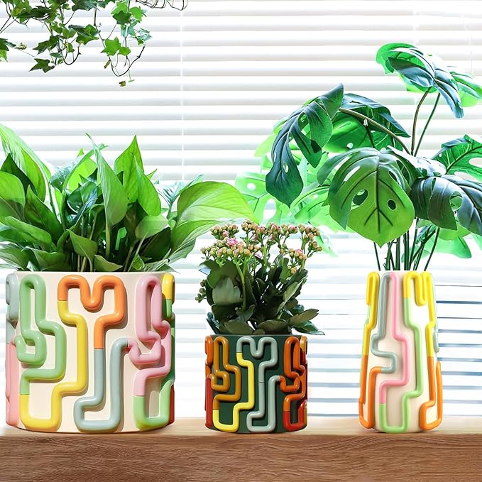 GUGUGO Colorful Squiggle Lines Planters Cute Unique Rainbow Planter with Drainage, Vintage Retro Flower Plant pots for Indoor Plants, Eclectic Succulent Gardening Pot for Boho Modern Décor, Green