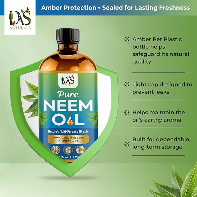 Pure Neem Oil for Plants, Hair Growth & Skin — 100% Cold-Pressed Unrefined Concentrate | Indoor, Outdoor Garden | Face, Scalp, Nails, Pets | 16 fl oz