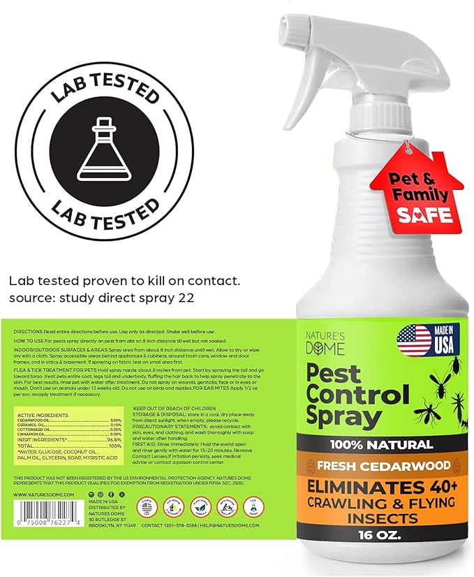Nature’s Dome Cedarwood Oil Pest Control Spray 16 Oz |100% Natural Ant Killer & Bug Spray for Indoor & Outdoor Use | Eco-Friendly Bug Spray for Flea, Ticks, Ant & Mosquitos | Safe for Pets and Kids