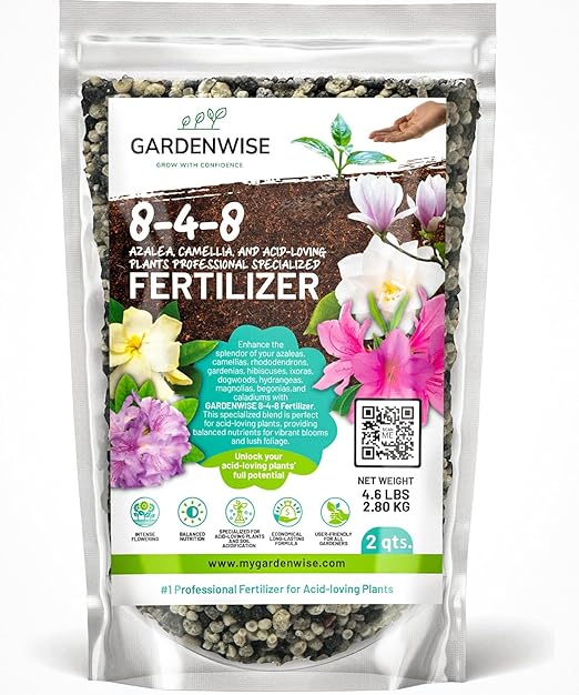 GARDENWISE 8-4-8 Acidic Fertilizer for Azaleas, Camellias (Camelia), Hydrangeas, Blueberries, Gardenias, Magnolia Trees, Evergreens, and Rhododendrons - Ideal Iron-Rich Plant Food (2 QUARTS)