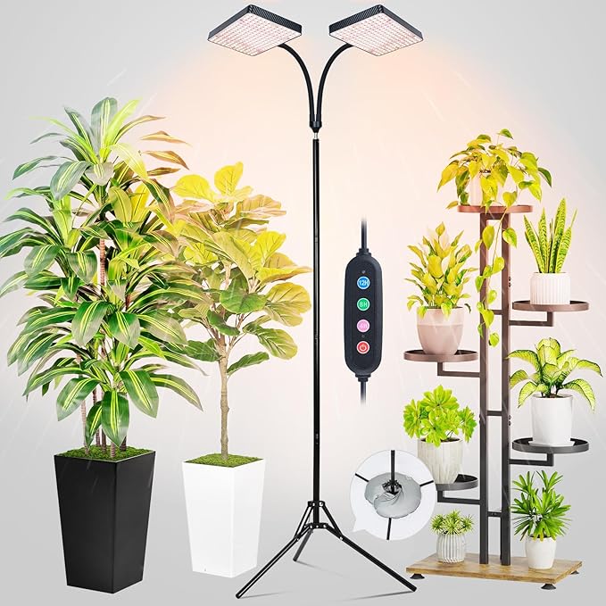 FRGROW 2026 2Head Full Spectrum Grow Light with Stand, 50 Watt Bright Grow Lights for Indoor Large Plants, Tall Bonsai Tree, Auto On/Off Daily Timer(4/8/12/16/20H), Adjustable Stand 24"-78"