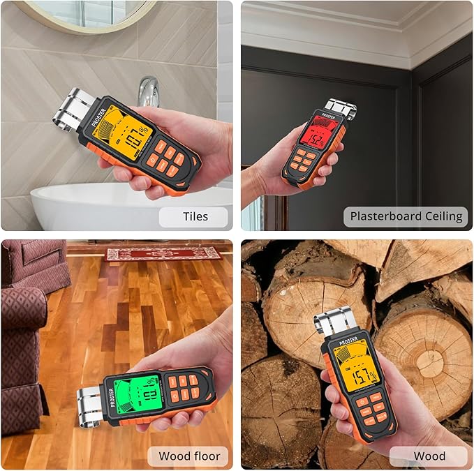 Proster Rechargeable Moisture Meter - Wall Moisture Meter with 5 Modes (Index, Concrete, Cement, Plaster, Wood) & 3-Colour Screen, Pinless Damp Tester with Visual & Sound Alerts Detects up to 40mm