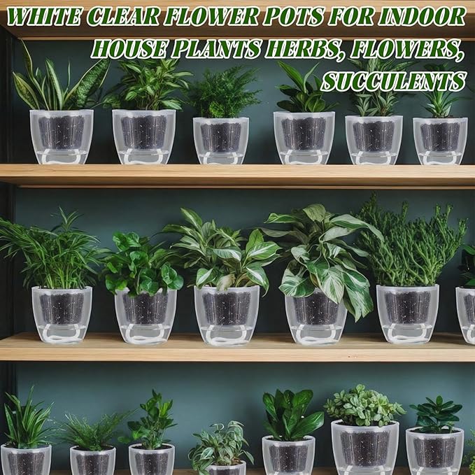 36 pcs Self Watering Pots, 3.5 Inch Plastic Flower Plant Pot with Inner Pot Self Watering Wick Planter White Clear Flower pots for Indoor House Plants Herbs, Flowers, Succulents