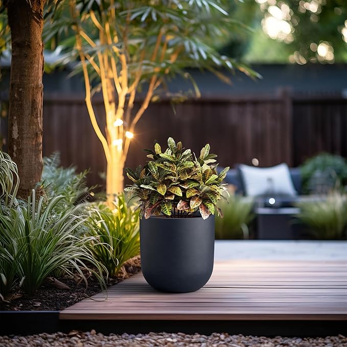 Kante 11.0" Round Concrete Planter, Large Cylinder Plant Pot with Curved Bottom and Drainage Hole, for Indoor and Outdoor Use – Garden or Patio, Charcoal Finish with Painted Interior