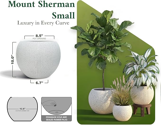 DTY Mount Sherman 12.6" D x 10'' H (Pot Opening 8.5") Fiberstone Round Planter with Drainage Hole, Smooth Finishes, Weather Resistant for Indoor and Outdoor, 2 Extra Coco Mats - White Ribbed,Small