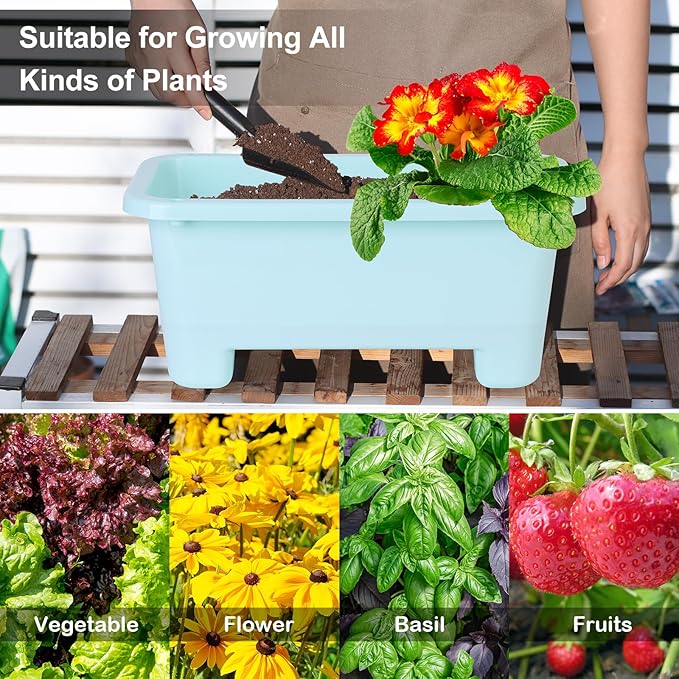 Oliz Self-Watering Rectangle Planter Boxes 8-Pack, 15.7-Inch Window Box Planter with Drainage Holes & Trays, Pots for Vegetables, Herbs, Flowers, Garden Windowsill Balcony (Sky Blue)
