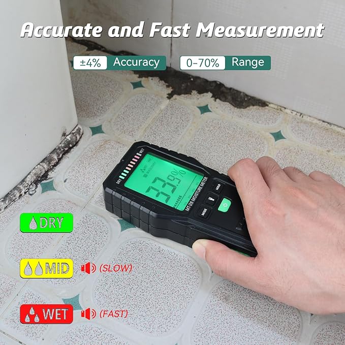 RDINSCOS Pinless Moisture Meter for Wall, Wood & Masonry – Non-Invasive Digital Moisture Detector with 19mm Depth, Flashlight, LCD Display – Ideal for Leak Detection & Water Damage