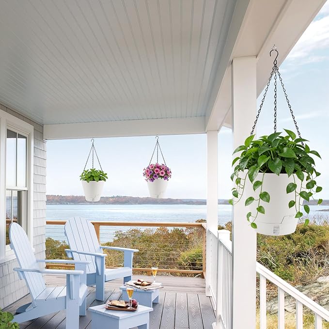 8 Inch Hanging Planters Indoor Outdoor, 3 Pack Plastic Self Watering Plant Pots with Drainage Holes & Saucers, Hanging Baskets Flower Pots with Chain for Ivy, Spider Plant, Pothos, Ferns