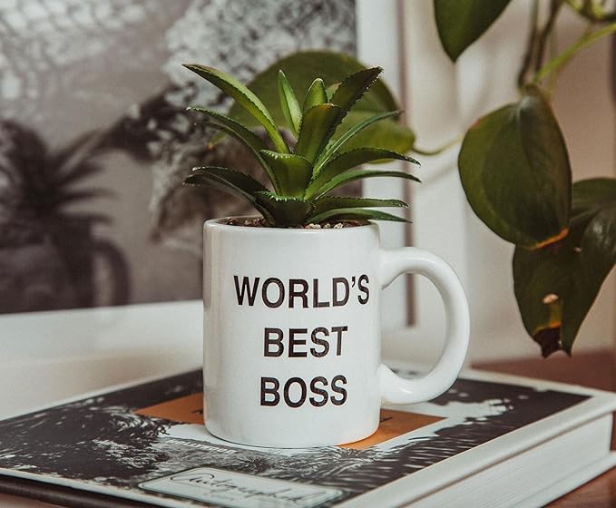 Silver Buffalo The Office World's Best Boss Decorative Artificial Faux Greenery Plant in Ceramic
