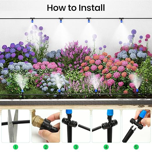 MIXC 65FT Greenhouse Watering System- Quick Efficient Connector Hanging Plant Watering System Automatic Mist Irrigation Kit with 1/4" Blank Tubing and Misting Nozzles