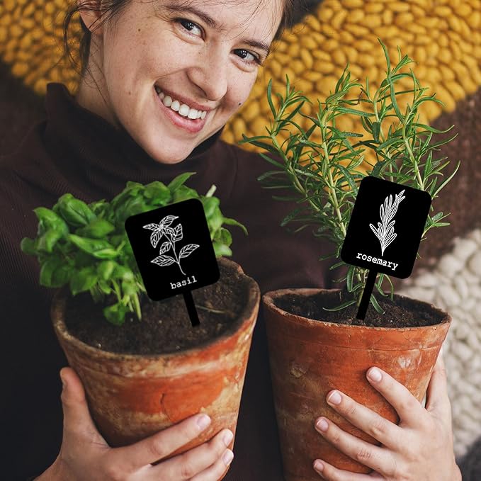 Whaline 24Pcs Acrylic Plant Label Signs 12 Styles Garden Herb Markers Plant Stake Tags Black Waterproof Tags with Herb Names for Nursery Indoor Outdoor Garden Decoration