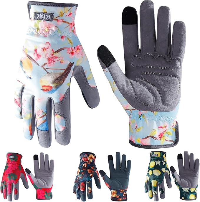 KDK Gardening Gloves for Women, Flexible Breathable Garden Gloves, Leather Working Gloves for Weeding, Digging and Pruning (S-Birds)