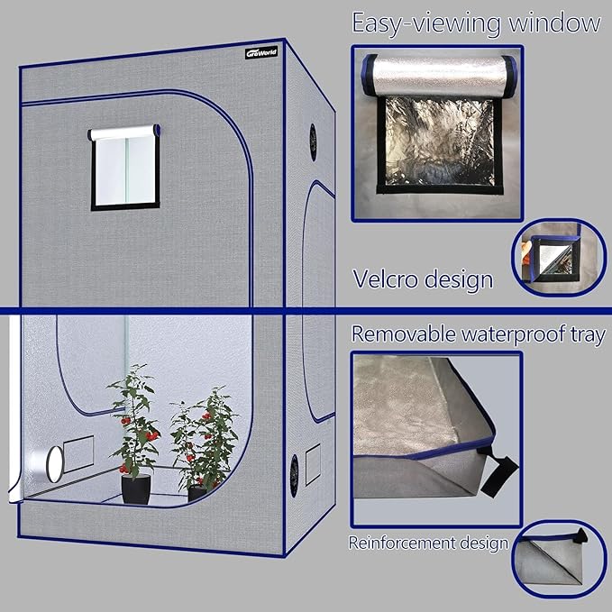 Mylar Grow Tent Kit 5x5x6.7 Ft, 600D Oxford Cloth with 19mm Metal Poles, Waterproof Removable Tray, Tool-Free Assembly for Indoor Hydroponic Plant Growing (Gray 48"x48"x80")