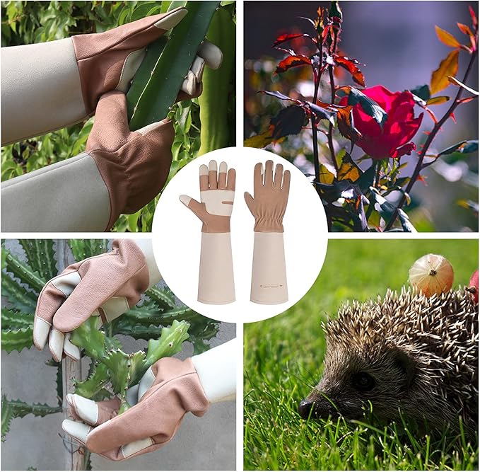 HANDLANDY Long Gardening Gloves for Men & Women, Thorn Proof Rose Pruning Gloves Leather Gauntlets Garden Glove Yard Work Glove (Warm Brown, Small)