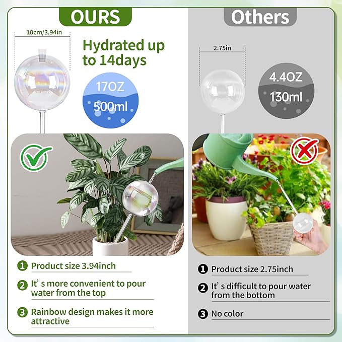 17 oz Up 2 Weeks Extra Large Plant Watering Globes, Self Watering Planter Insert, Iridescent Glass Self Watering Globes, Vacation Plant Watering Devices, Automatic Watering Bulbs (Large 4-Pack)