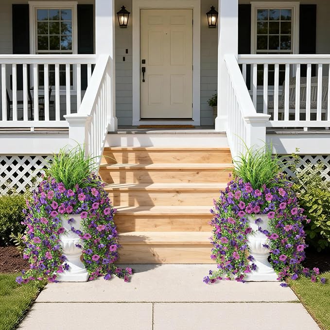 Hommyea Artificial Hanging Flowers for Outdoors with Wheat Grass, 5 Pcs Fake Hanging Plants for Spring Decor, UV Resistant Faux Silk Flower Greenry for Planter Porch Patio Yard Garden(Double Purple)