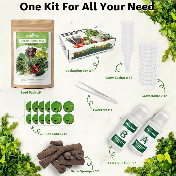 12-Pod Salad Seed Kit Compatible with All Hydroponics, 9 Pack Varieties: Mixed Lettuce, Romaine, Spinach, Kale, Arugula, Swiss Chard, Cherry Radish, Mexican Chili - Easy to Grow, High Germination