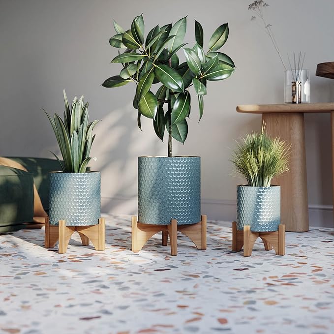 EverNest Mid-Century Modern Rhys Honeycomb Embossed Planter Pot with Arch Wood Stand, Metal Indoor Plant Pots, Blue Green Bohemian Style (Small 1 Gallon)