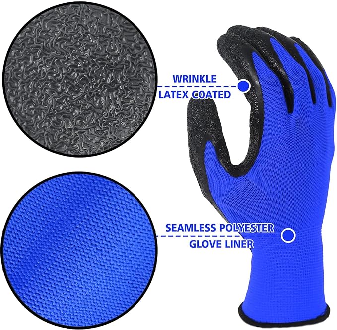 Evridwear Crinkle Latex Rubber Hand Coated Safety Work Gloves for Men Women General Multi Use Construction Warehouse Gardening Assembly Landscaping,Medium Blue 120 Pairs Pack