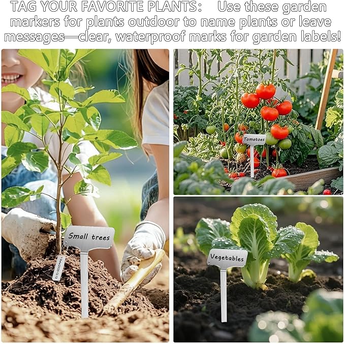 304 Stainless Steel Plant Markers, 10 Waterproof Metal Plant Label Stakes with 10 Tag Buckles & Marker Pen, 12.75" Garden Markers for Outdoor Indoor Plants Identification.