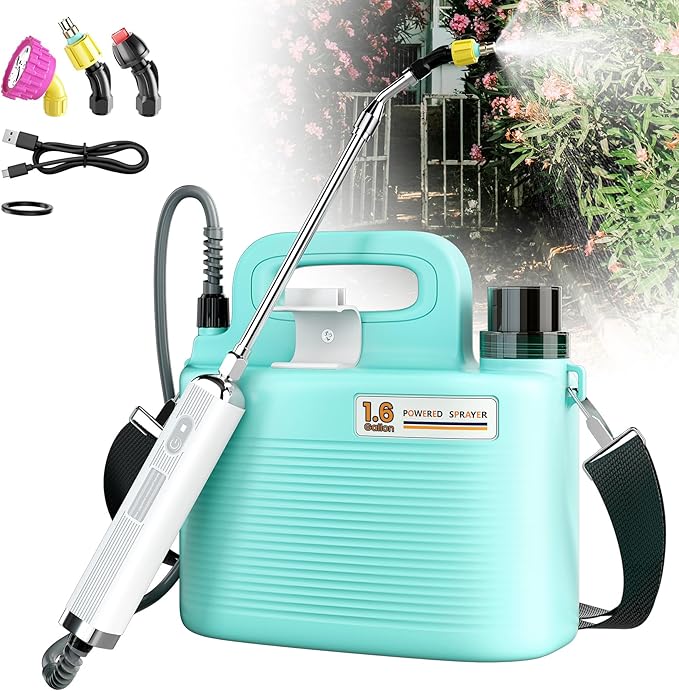 Battery Powered Sprayer 1.8 Gallon, 2025 Upgraded Electric Weed Sprayer with Pump, Battery Indicator, Rechargeable Handle,4 Mist Nozzles,23.6" Retractable Wand,Shoulder Strap, for Lawn&Garde