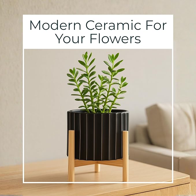 Ceramic Planter with Pine Wood Stand – Plant Pot – Durable Stoneware Planter for Indoor Outdoor Use – Modern Minimalist Plant Holder for Home Decor, Living Room, Garden, Balcony – 9", Black Fluted