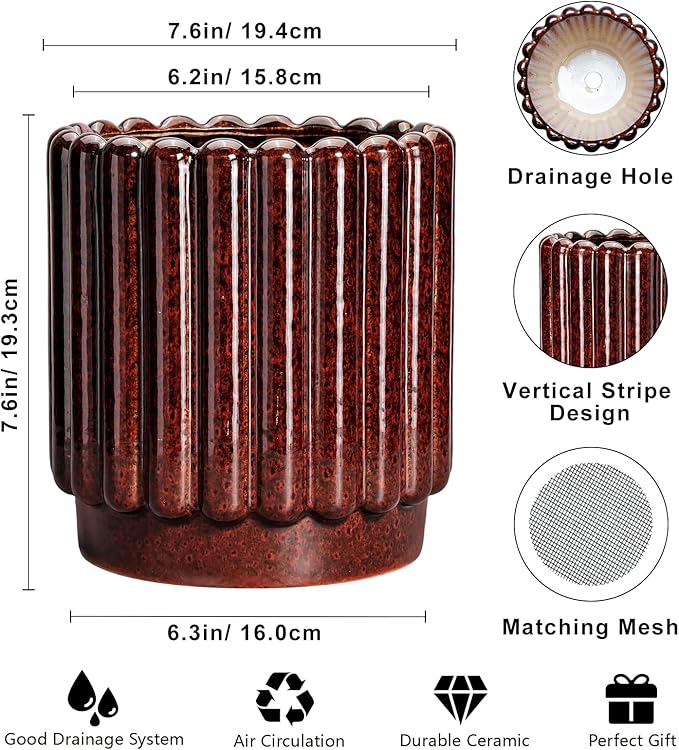 Ceramicfor Ceramic Pots for Plants - 7.6 Inch Indoor Planter, Decorative Plant Pots with Drainage Hole, Fluted Ceramic Flower Pots, Round Planter Outdoor, Patio Decor, Gifts for Plant Lovers, Red