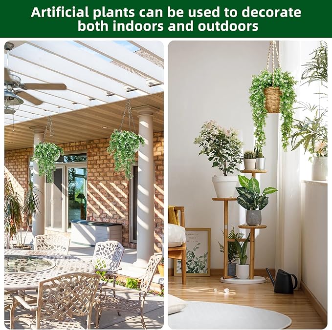 RECUTMS 2Pcs Artificial Hanging Flowers for Outdoor Decoration Fake Hanging Plants Faux White Flowers Artificial UV Resistant Plastic Greenery Vines Ivy for Outdoor Indoor Garden Party Decor（White）