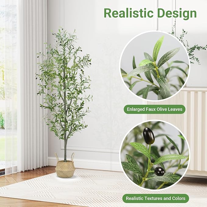 6 FT Faux Olive Tree Indoor, Tall Artificial Silk Olive Tree 6 FT, Large Indoor Fake Olive Trees with Realistic Leaves, Branches, Fruits, Faux Olive Trees Artificial Plants for Home (6 Feet)
