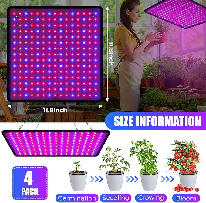 Liliful 4 Pcs Grow Lights Panel 200W Artificial Full Spectrum Grow Lamps with 225 LEDs for Indoor Outdoor Seedling Tent Flowe(Red, Blue)