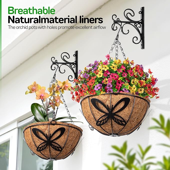 QCQHDU 3 Pack 10 inch Metal Hanging Orchid Baskets for Plants Outdoor, Hanging Orchid Planter Basket with Coco Liners, Orchid Pots with Holes for Garden, Patio, Deck, Porch Plants(Butterfly)