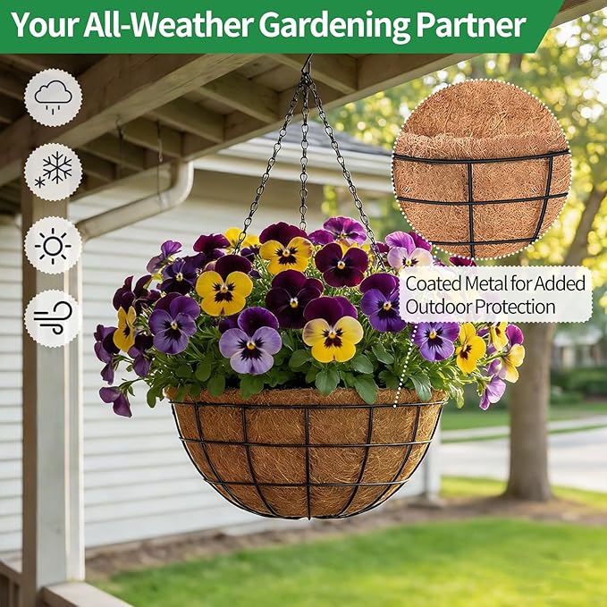16 Inch Hanging Planters for Outdoor Plants,2 Pack Large Hanging Baskets for Plants Outdoor Metal Hanging Baskets with Thick Coco Coir Liners, Round Flower Pots for Porch Garden Ferns & Petunias