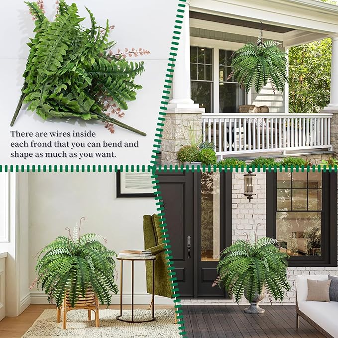 37 Inch Artificial Boston Fern Large Hanging Plant, Set of 4, Fake Ferns that Look Real for Home and Office Decor, Faux Fern Vines with 36 Fronds for Each Bouquet（No Basket）