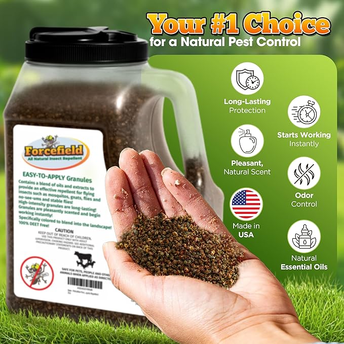 ForceField Natural Mosquito Yard Treatment - Repellent Granules for Backyard Mosquito Control | Pet Safe, DEET-Free Outdoor Control | Long-Lasting Barrier for Lawns, Patios, & Barns 3 LB