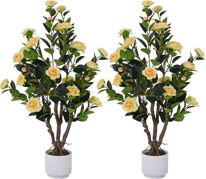 2 Pack Artificial Camellia Tree with White Pot, 38" Faux Potted Plants for Indoor Outdoor Decor, Tall Silk Greenery Plant for Home Offce Living Room Balcony, Yellow