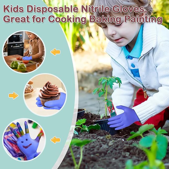 Kids Disposable Nitrile Gloves for 4-10 Years, Suitable for Cooking, Gardening, Painting, Powder and Latex Free-100 PCS