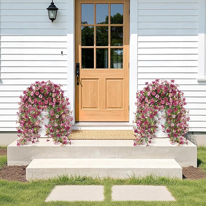 Artificial Fake Hanging Flowers Plants for Outdoor Spring Decoration,2 PCS Faux Silk Daisy with Eucalyptus Leaves,UV Resistant Look Real for Outside Home Indoor Planter Porch Patio Balcony Yard Decor