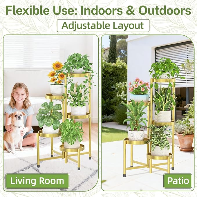 iDavosic.ly Plant Stand Indoor Outdoor, 5 Tier Corner Metal Flower Display Holder Shelf, Folding Tall Orchid Rack for Patio Balcony Porch Garden Living Room House, Gold