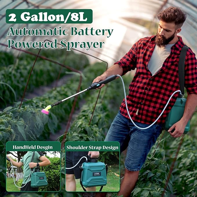 Battery Powered Sprayer 2 Gallon, Powerful Electric Garden Sprayer with 3 Mist Nozzles, USB Rechargeable Handle, Retractable Wand and Adjustable Shoulder Strap for Irrigation, Weeding(Green)