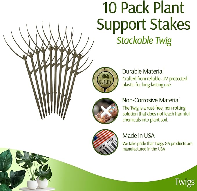 Twigs GA - Stackable Plant Support Stakes, Indoor & Outdoor Houseplant Stem Support, Garden Accessories, Durable Trellis Alternative for Climbing & Potted Plants - Moonstone, 10 Pack, 17" L