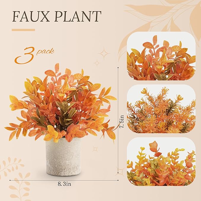 Der Rose 3 Pack Mini Potted Fake Plants Artificial Plastic Eucalyptus Plants Topiaries for Home Office Desk Farmhouse Shelf Room Bathroom Decor(Orange)