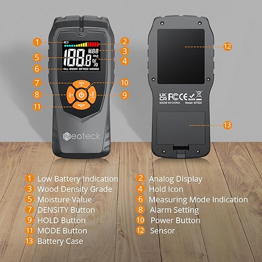 Neoteck Pinless Moisture Meter - Non-Destructive Wood & Masonry Moisture Detector with LCD Display & Sound Alarm for Walls, Drywall, Plaster, Floor, Concrete