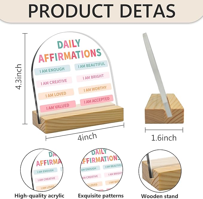 Inspirational Positive Daily Affirmations Plaque, Arched Acrylic Sign with, Encouragement Self Love Gifts for Women, Motivational Desk Decor for Home Office, Uplifting Gift for Family Friends (4"x4")