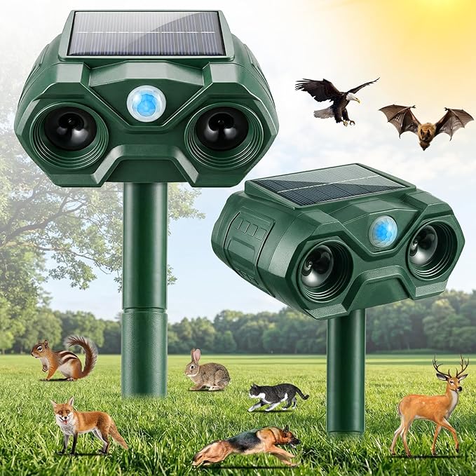 2 Pack Solar Animal Repellent Outdoor,USB Rechargeable Cat Deterrent Outdoor &Deer Repellent Devices Coyote Skunk Raccoon Fox Deterrents Light Animal Repeller with Motion Sensor for Yard Garden
