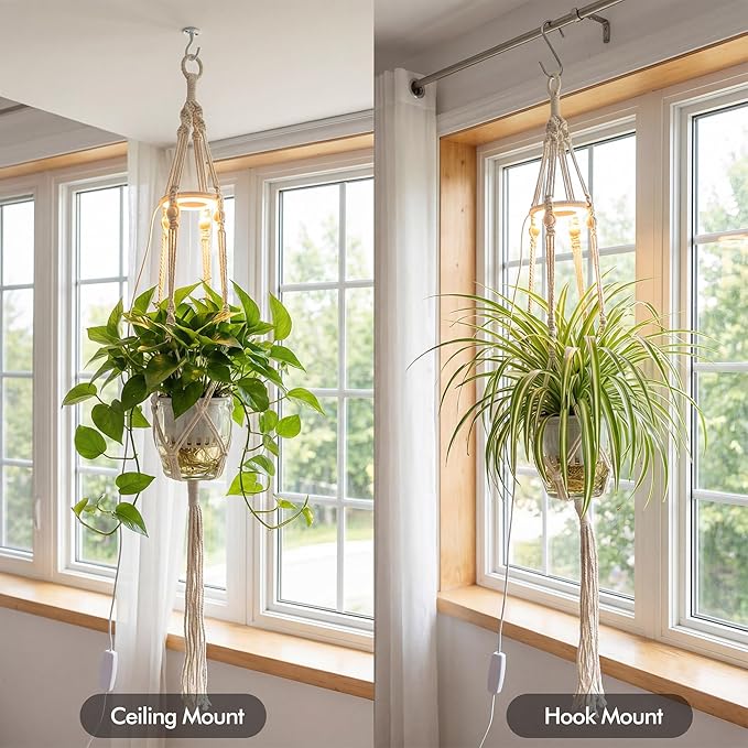 Hanging Plant Grow Lights for Indoor Plants with Timer, Wall Mounted Full Spectrum Pendant Growing Light with Macrame Plant Hanger, Ceiling LED Planta Luz for Potted Plants Home Decor(2 Pack)