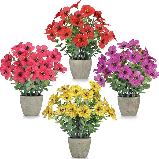 4 Pack Small Fake Plants Potted Artificial Plants Artificial Flowers Potted Faux Flower Daisy with Eucalyptus Leaves for Home Decor Office Room Farmhouse Indoor Table Bathroom Decor （Mixed）