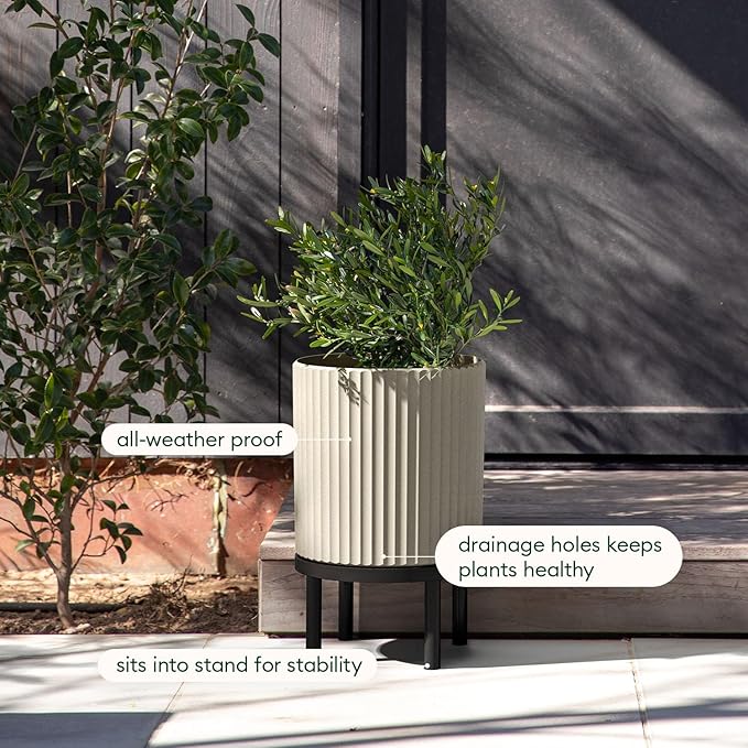 Veradek Demi Series Round Planter w/Stand for Porch/Patio | Durable Plastic-Stone Composite & Wooden Stand | Modern Décor for Tall Plants, Flowers